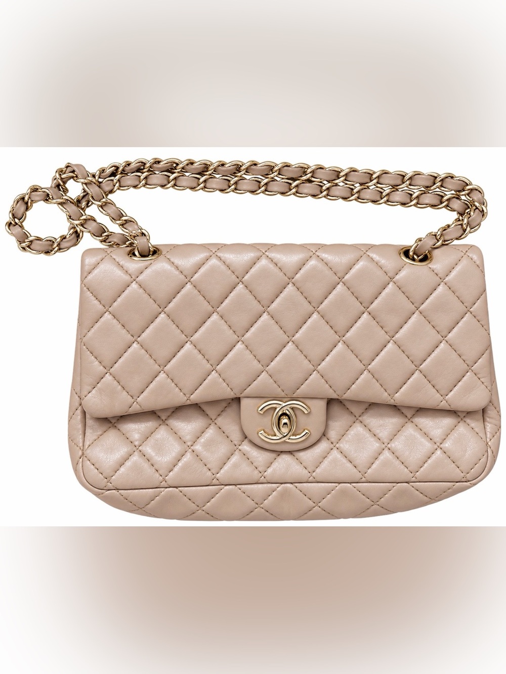 CHANEL Quilted Lambskin Shoulder Bag in Taupe